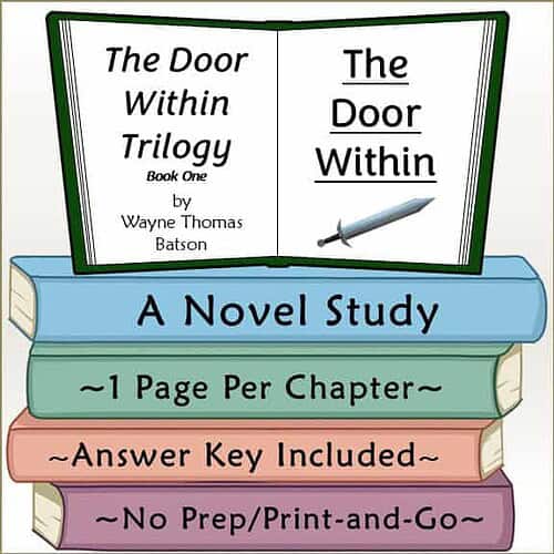 The Door Within Trilogy Book Cover Book cover of The Door Within Trilogy by Wayne Thomas Batson, featuring an open book with a sword and colorful stacked books with study details.