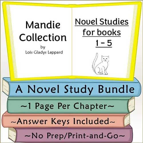 Educational book bundle for Mandie Collection by Lois Gladys Leppard, focusing on novels 1-5 with answer keys, no prep, print-and-go format.