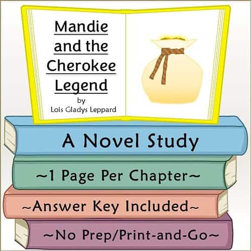 Homeschool Resource Co. Book Cover Cover of 'Mandie and the Cherokee Legend' by Lois Gladys Leppard, featuring a yellow book with a bag illustration and colorful stacked books.