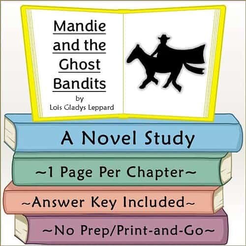 Book cover of Mandie and the Ghost Bandits by Lois Gladys Leppard featuring a silhouette of a girl on a horse and colorful stacked books.