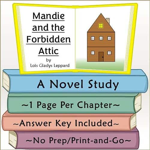 Homeschool Resource Co. Book Cover Cover of 'Mandie and the Forbidden Attic' by Lois Gladys Leppard, featuring a brown house illustration and colorful book stack.