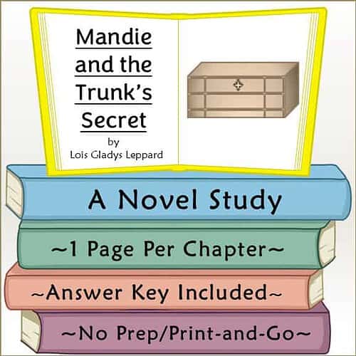 Book cover of Mandie and the Trunk's Secret by Lois Gladys Leppard, featuring a dresser illustration and colorful stacked books with study details.