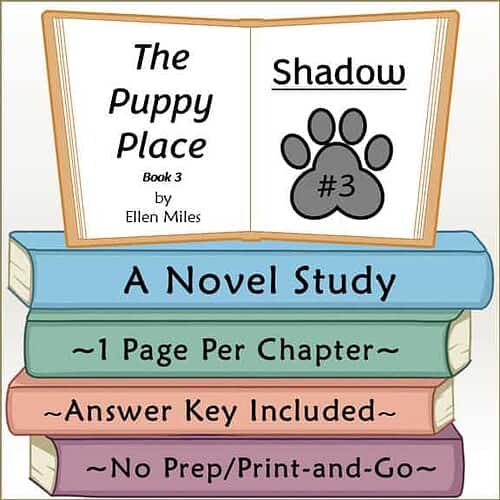 Book cover of The Puppy Place Book 3 Shadow by Ellen Miles, featuring a paw print with #3, and colorful stacked books with study details.