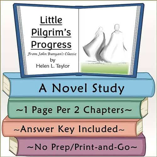 Illustration of a homeschool book titled 'Little Pilgrim's Progress' by Helen L. Taylor, featuring a simple drawing of two children walking.
