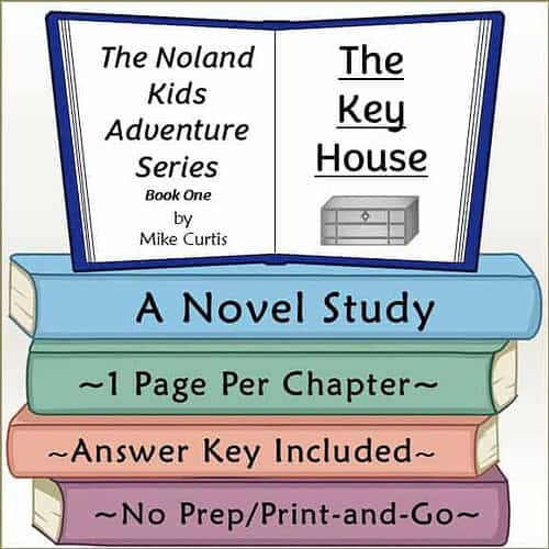 Educational book cover titled "The Key House" from the Noland Kids Adventure Series by Mike Curtis, featuring a cartoon-style illustration of a house and books.