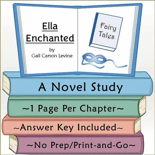 Cover of Ella Enchanted by Gail Carson Levine with fairy tale theme and study notes for homeschool use.