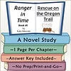 Homeschool Resource Co. Book Cover Book cover for 'Ranger in Time: Rescue on the Oregon Trail' by Kate Messner, featuring a wagon illustration and colorful book spines.