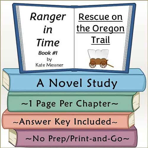 Homeschool Resource Co. Book Cover Book cover for 'Ranger in Time: Rescue on the Oregon Trail' by Kate Messner, featuring a wagon illustration and colorful book spines.