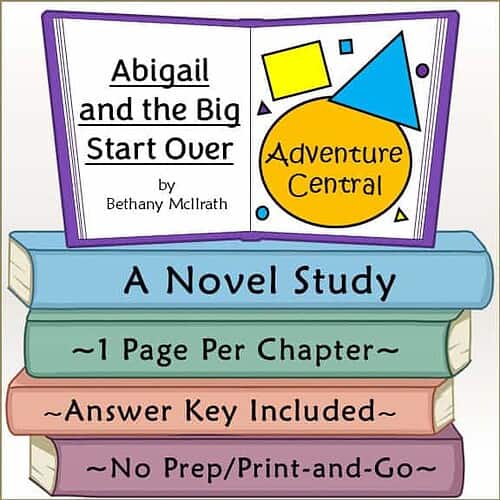 Colorful educational book cover for homeschooling, featuring a stack of books and geometric shapes with text about a novel study.