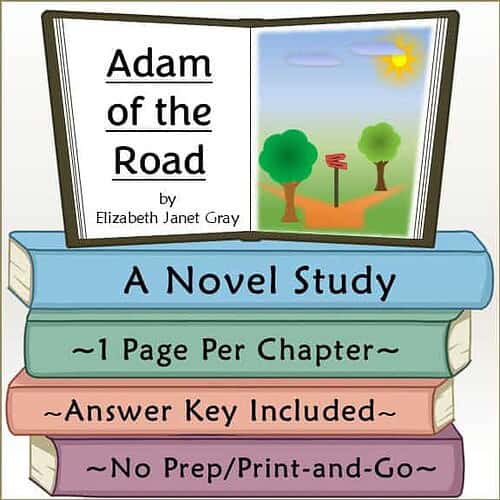 Illustrated cover of Adam of the Road by Elizabeth Janet Gray featuring trees, a signpost, and a sunny sky, used for homeschooling resources.