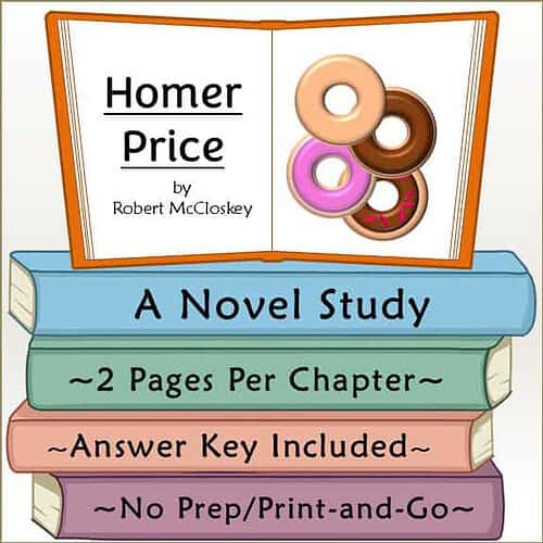 Cover of Homer Price by Robert McCloskey, featuring a stack of colorful books and a donut illustration, for homeschooling resources.