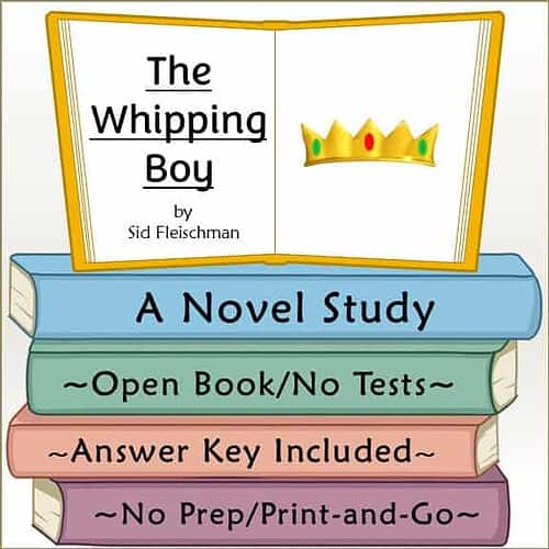 Book cover for 'The Whipping Boy' by Sid Fleischman, featuring a crown and colorful book spines, ideal for homeschooling literature studies.