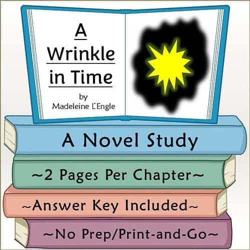 Illustration of the book "A Wrinkle in Time" by Madeleine L'Engle, showing a colorful open book with a starburst image and chapter details.