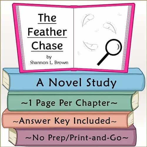 Colorful book cover for The Feather Chase by Shannon L. Brown, featuring a magnifying glass and feathers, promoting a homeschool novel study.