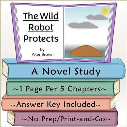 Cover of 'The Wild Robot Protects' by Peter Brown showing a book with a landscape illustration and colorful stacked books.