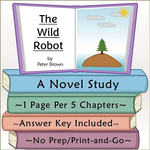 Colorful illustration of a book cover titled The Wild Robot by Peter Brown, featuring a tree on a small hill and a bright sun in the sky, ideal for homeschooling resources.