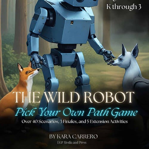 Educational homeschool game cover featuring a friendly blue robot in a forest with a fox and a donkey, promoting perfect POV activity for grades K-3.