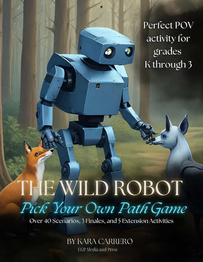 Educational homeschool game cover featuring a friendly blue robot in a forest with a fox and a donkey, promoting perfect POV activity for grades K-3.
