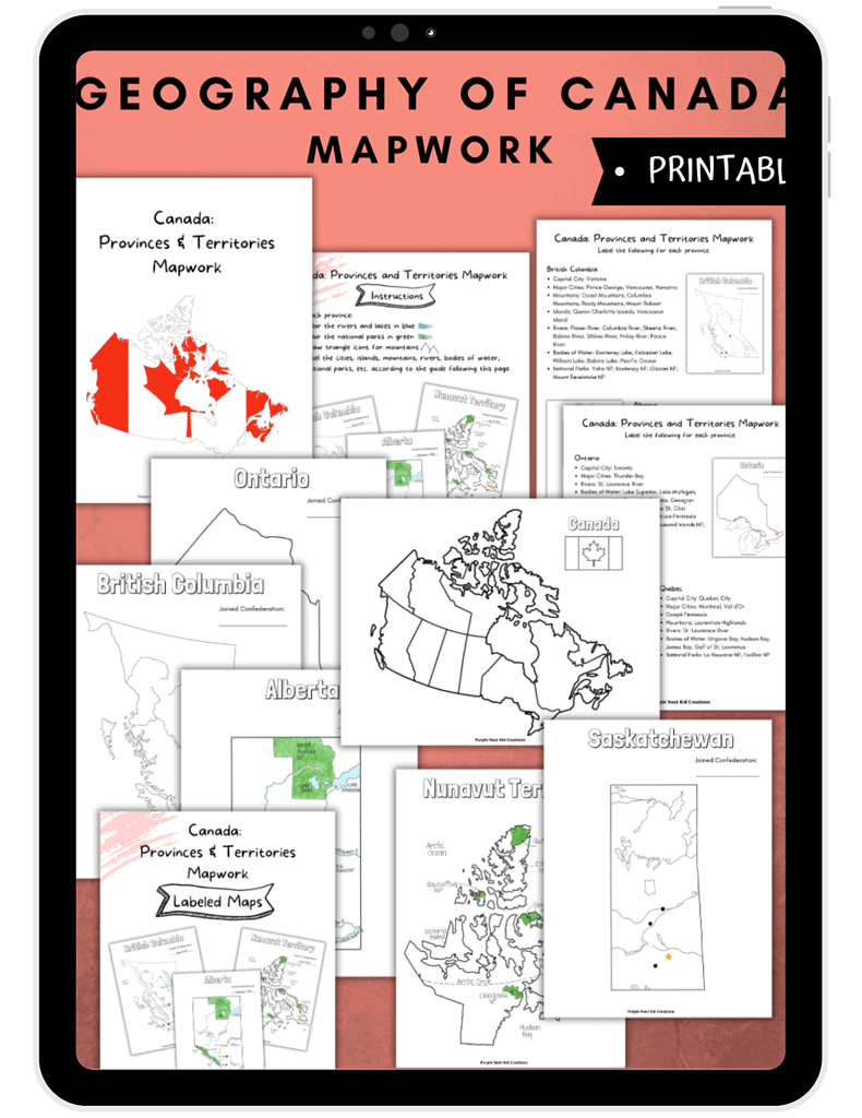 Canada geography map worksheets for homeschooling, featuring labeled maps of provinces and territories, ideal for educational activities and geography lessons.