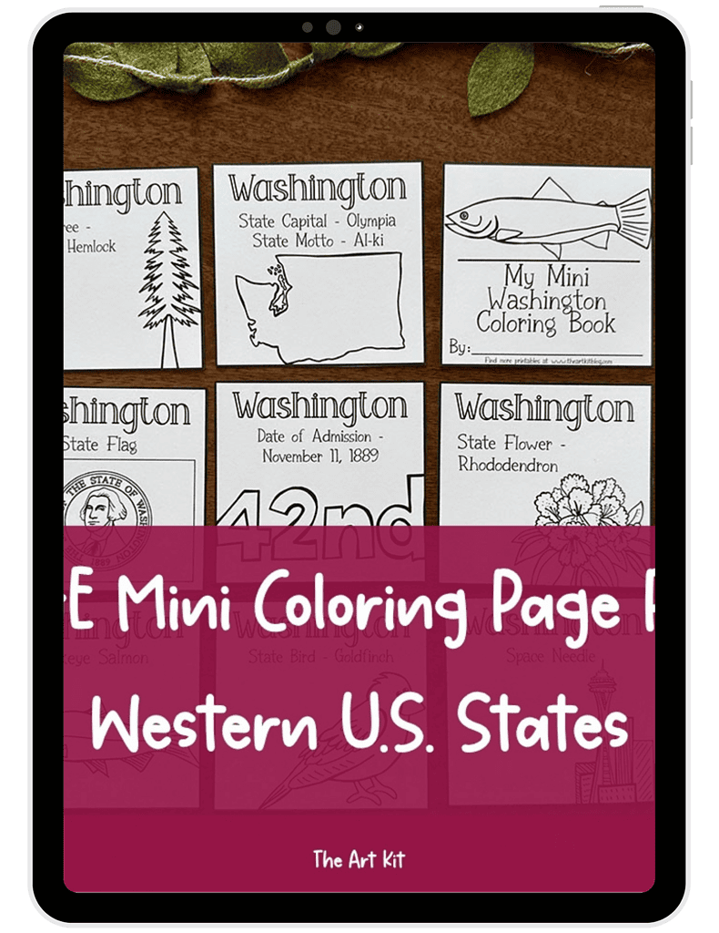 A colorful educational mini coloring page set featuring Washington state symbols, including state flag, map, flower, and a coloring book page, designed for homeschooling activities and learning about.