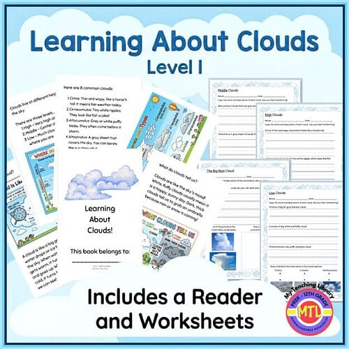 Homeschool resource for learning about clouds with worksheets, reader, and educational activities for grade 1 students, focusing on weather and cloud types.