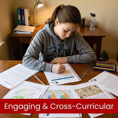 Young girl studying at a desk with educational materials and books, engaging in cross-curricular learning activities.