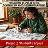 Young student working on a historical timeline map about April 1775 battles, with books and art supplies on the table.