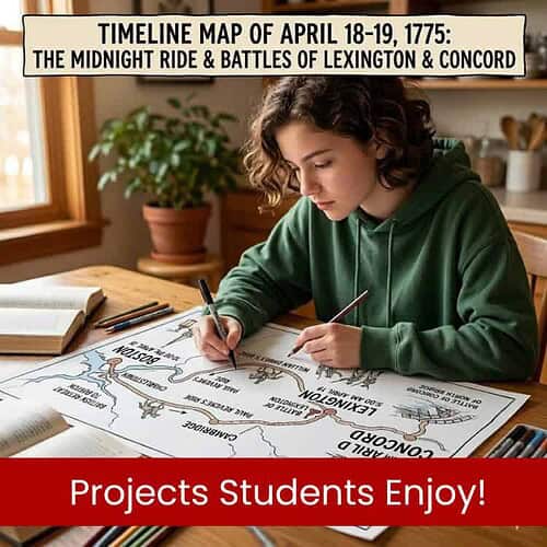 Young student working on a historical timeline map about April 1775 battles, with books and art supplies on the table.