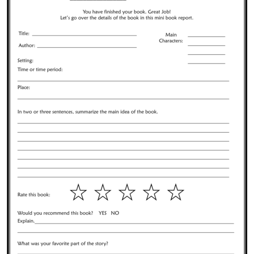 A detailed homeschool book report form with sections for student name, date finished, book title, author, setting, main characters, summary, rating, recommendation, and favorite part, designed for hom.