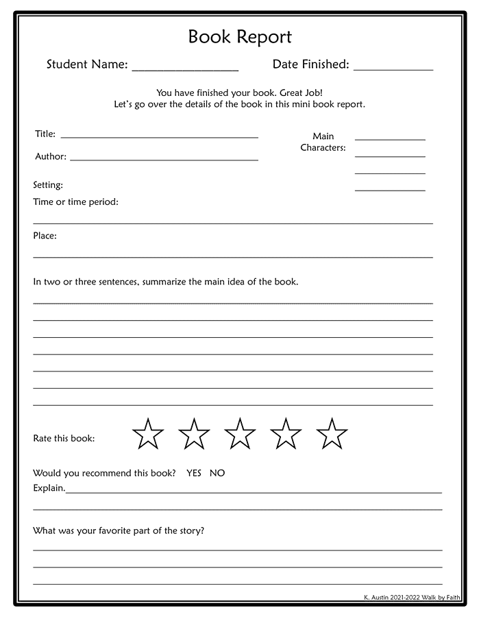 temp 2 A detailed homeschool book report form with sections for student name, date finished, book title, author, setting, main characters, summary, rating, recommendation, and favorite part, designed for hom.