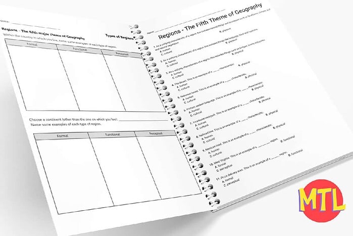 Open educational geography workbook with region-themed exercises for homeschool students, featuring detailed maps and activities to enhance learning about world regions.