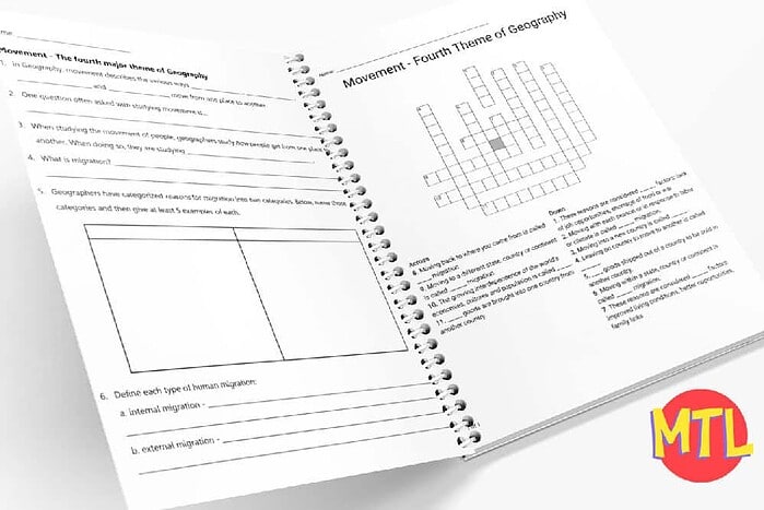 Printable geography worksheet focusing on the fourth theme of geography, featuring a crossword puzzle and categorization activities for homeschool learning.
