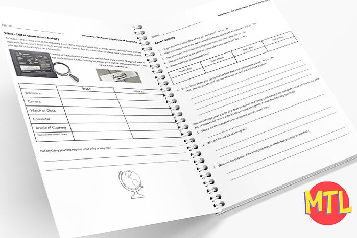 Open spiral-bound homeschool planning notebook with checklists, notes, and a small globe illustration, designed for organizing homeschooling activities and schedules.