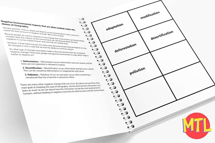 Homeschool Resource Co. Educational worksheet on environmental issues including adaptation, deforestation, pollution, and desertification for homeschooling science lessons.
