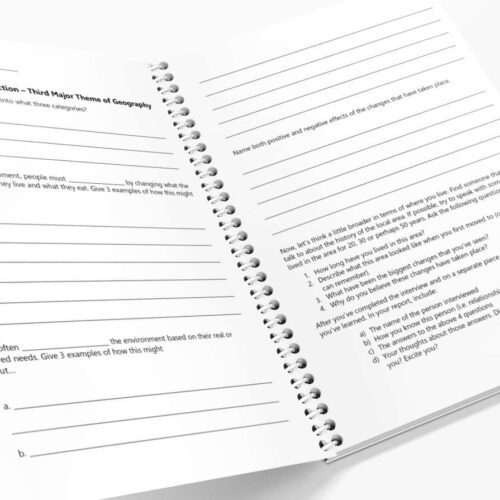 Open notebook with environmental science notes and prompts for homeschooling activities, emphasizing eco-friendly learning and science education at home.