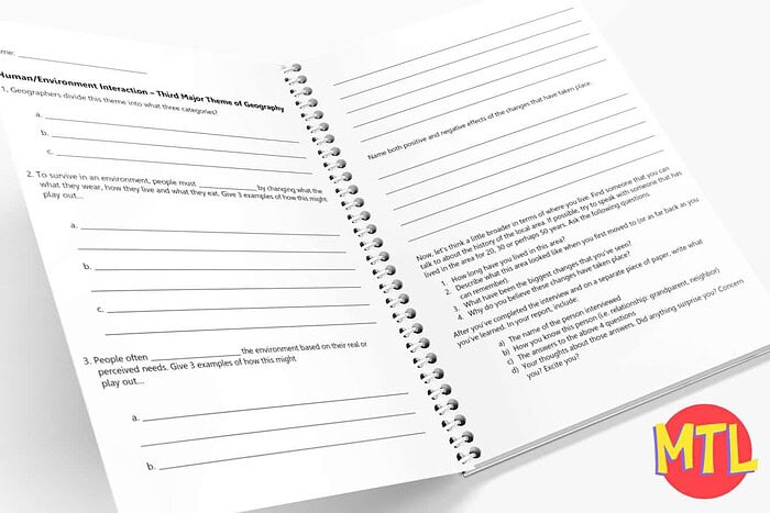 Homeschool Environment Planning Open notebook with environmental science notes and prompts for homeschooling activities, emphasizing eco-friendly learning and science education at home.