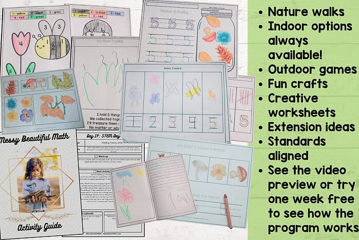 2 (1) Collection of educational worksheets and activity guides for homeschooling, including math, nature walks, crafts, and outdoor games.