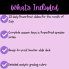 Homeschool Resource Co. offers a July educational package with PowerPoint slides, answer keys, printable teacher slides, and grading rubrics.