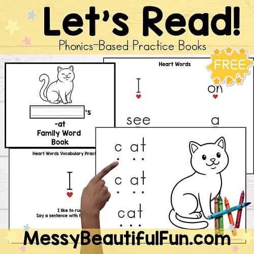 Colorful homeschool phonics practice book with cat illustrations and vocabulary exercises for early learners.