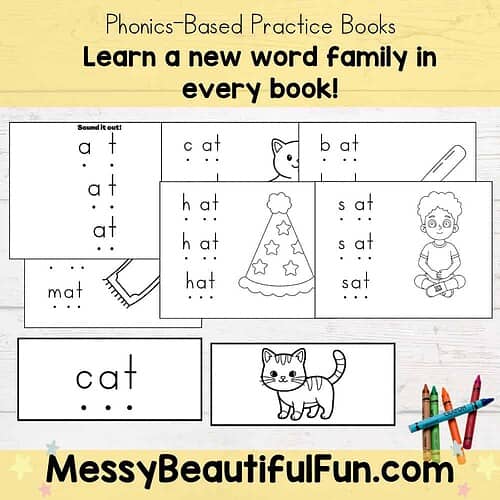 Children's phonics practice books featuring word families like 'at', 'bat', 'cat', and 'hat' with illustrations of a cat, a dog, and a Christmas tree for early reading skills.