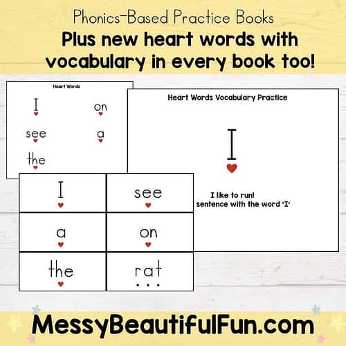 Heart Words Vocabulary Practice Book Educational Heart Words vocabulary practice book for early learners with colorful heart icons and simple sentences.