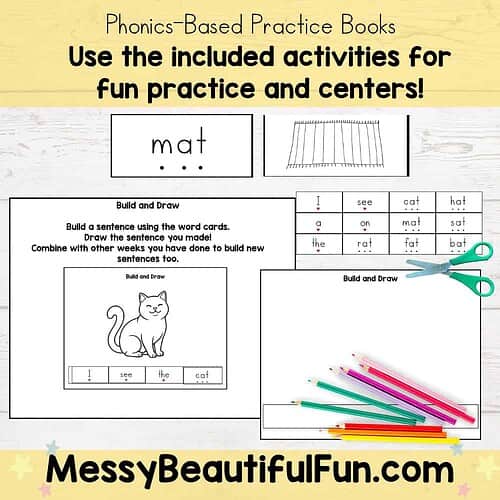 Phonics Practice Books for Homeschooling Phonics-based practice books with activities for fun learning and centers, including build and draw exercises with scissors and colored pencils.