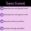 Homeschool Resource Co. graphic showing topics covered including advanced grammar, subjunctive moods, poetry, literary symbolism, and vocabulary etymology.