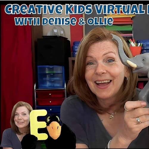 A colorful classroom scene featuring a smiling woman holding a gray elephant toy, with educational materials and storage bins in the background, promoting creative kids virtual preschool.