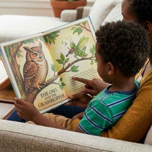 Young child and parent reading a colorful children's book about owls and grasshoppers together on a cozy sofa.