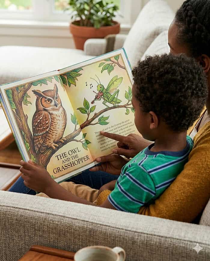 Young child and parent reading a colorful children's book about owls and grasshoppers together on a cozy sofa.