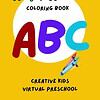 Colorful alphabet coloring book cover for preschool kids with crayons and bold letters A, B, C on a yellow background.