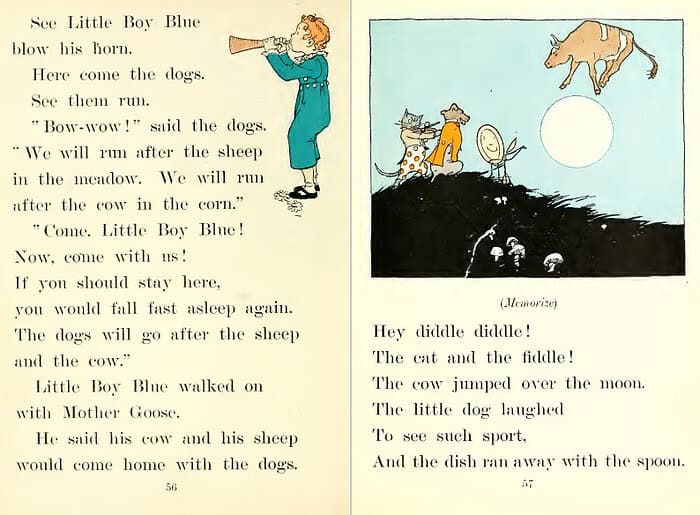 Children's Nursery Rhyme Illustration Colorful illustration of children and animals under the moon, with a dog, cats, and a cow, from a children's nursery rhyme book.