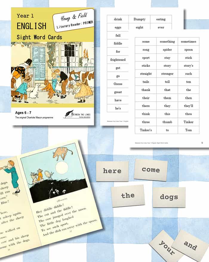 Educational sight word cards for homeschooling, featuring common words like 'here', 'come', 'the', 'dogs', 'your', and 'and' for early reading practice.
