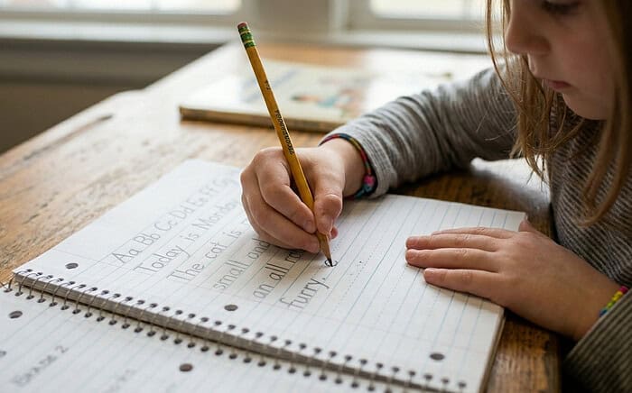 Young girl practicing handwriting in a notebook for homeschooling, focusing on alphabet and letter formation.